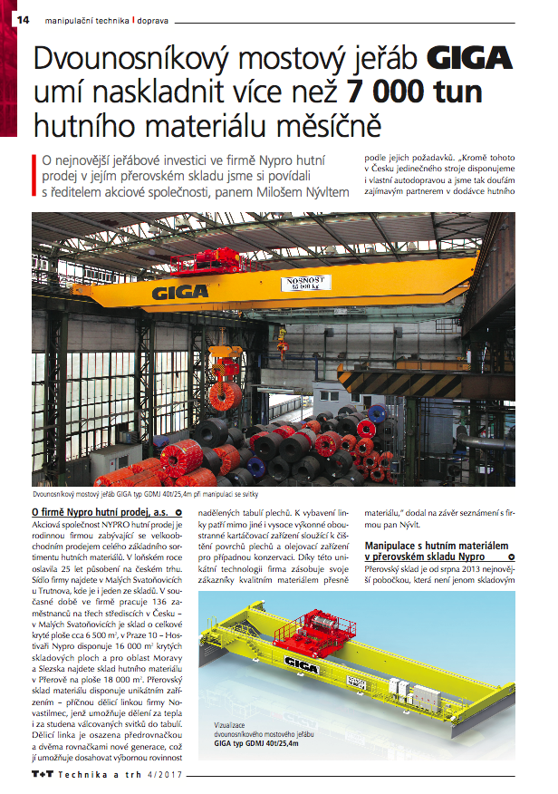 Article about double girder bridge crane of Giga, the Technika a Trh magazine